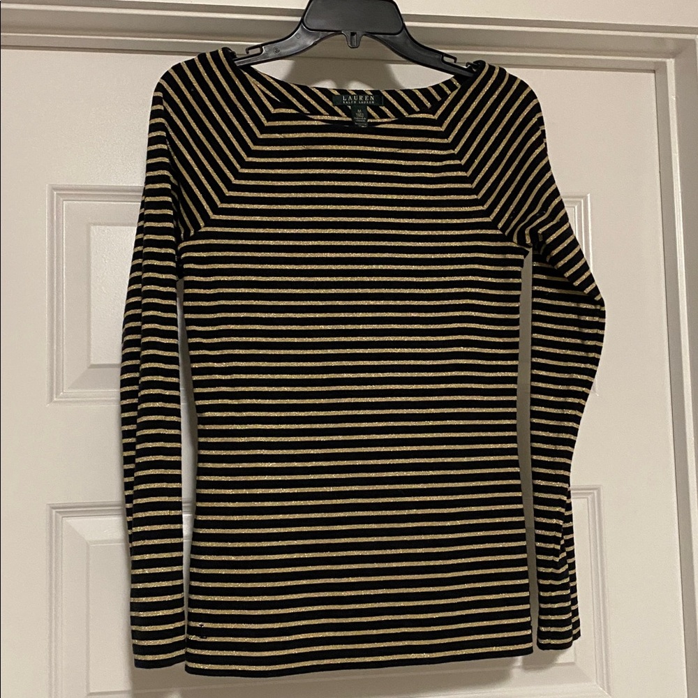 Ralph Lauren Black and Gold Boatneck Striped Top